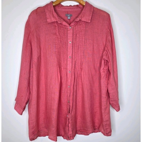 J. Jill Tops - J Jill Linen Button Up Top Sz 2X Pink Pintuck Long Roll Tab Sleeve Boho Beachy